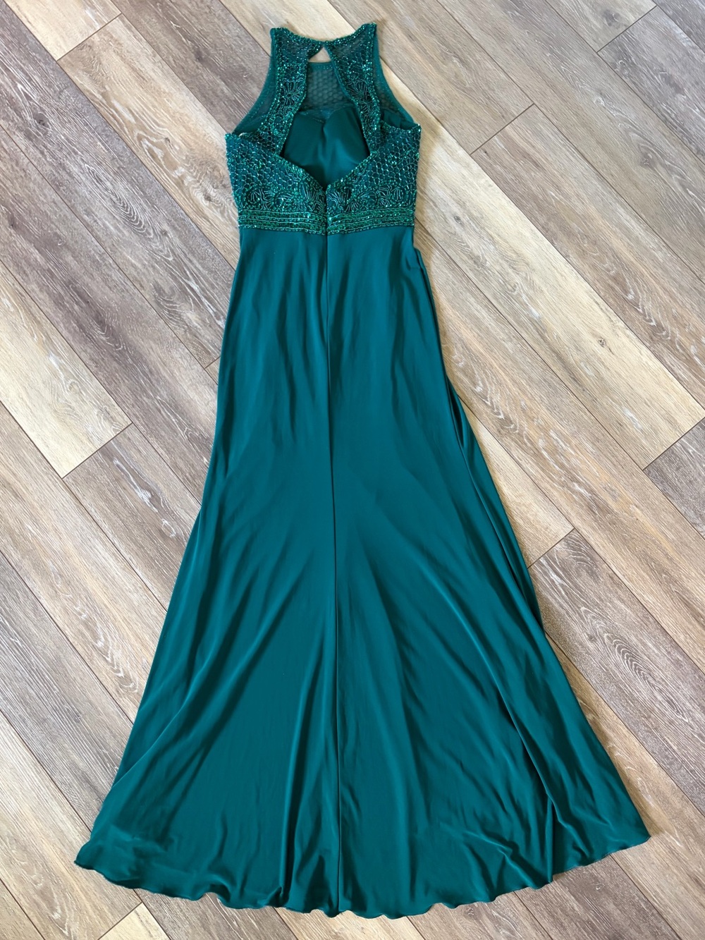 Sherri Hill Teal Beaded Halter Prom Gown with Side Slit - Picture 8 of 15
